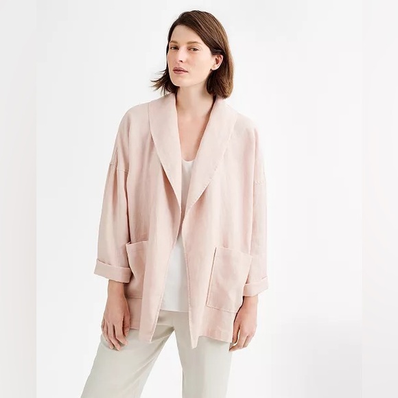Eileen Fisher Organic Linen Cardigan Small Shawl Collar Open Front Pink Blazer - Picture 4 of 15